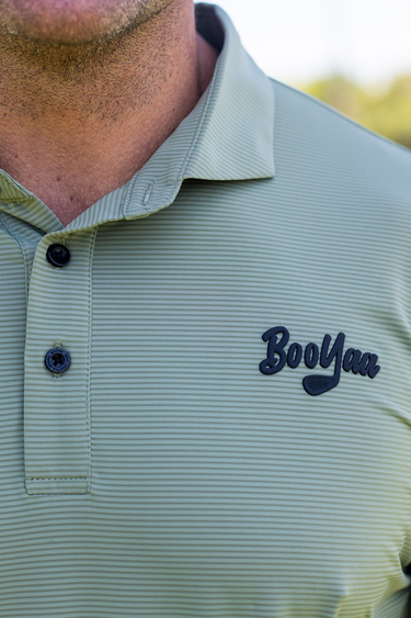 Army Golf Polo, sage green golf shirt with fine stripes, on-model front detail