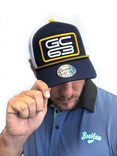 GC63 Golf Hat, navy, white and yellow golf hat, on-model front view