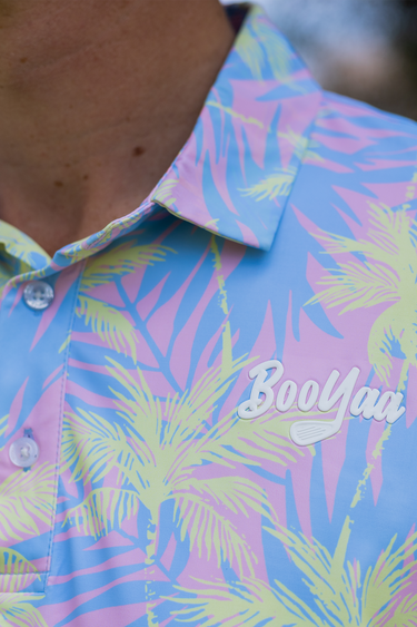 Lulu Golf Polo, multicolor iridescent palm print golf shirt, on-model front detail