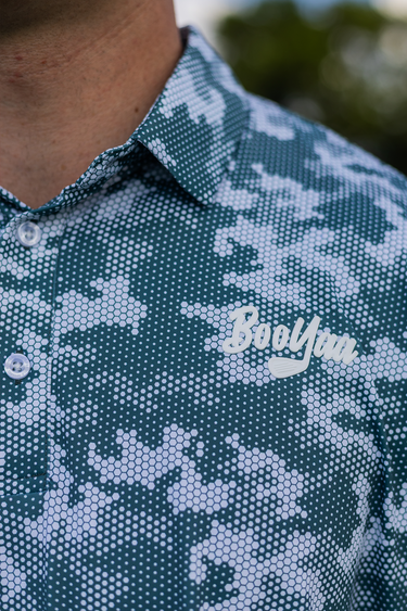 Acres Golf Polo, green, gray and white printed golf shirt, on-model front detail