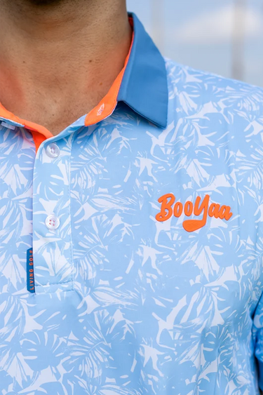 Hawaii Golf Polo, light blue, white and orange golf shirt, on-model front detail