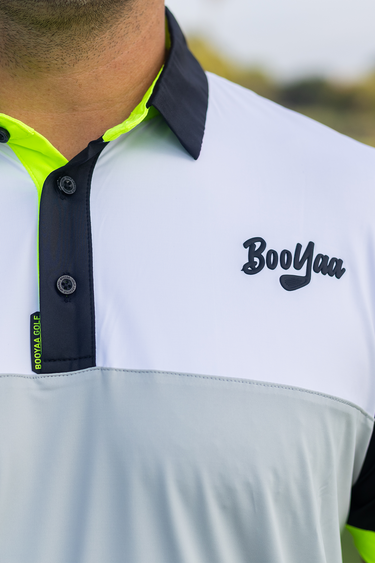 Lambo Golf Polo, white, gray and black color-blocked golf shirt, on-model front detail