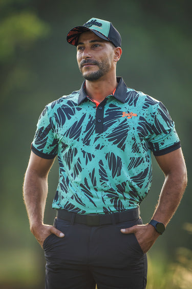 BUNDU'S - LIFESTYLE COLLECTION 2025 - BOOYAA GOLF SHIRT, aqua and navy, three-quarter front portrait