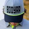 Bold Gray Golf Hat, gray and black golf hat with neon lime trim, on-model front view
