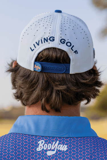 BooYaa Premium Golf Cap - COAST, white and blue cap, on-model back view