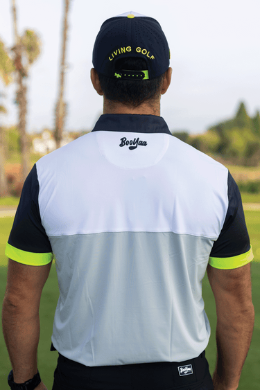 LAMBO - PREMIUM LIFESTYLE COLLECTION 2026 - BOOYAA GOLF SHIRT, white, gray and navy, full back view