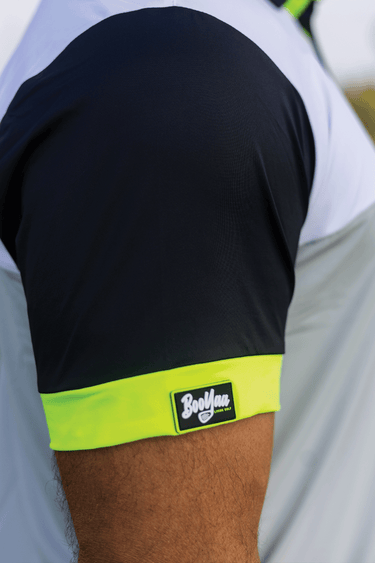 LAMBO - PREMIUM LIFESTYLE COLLECTION 2026 - BOOYAA GOLF SHIRT, white, gray and navy, sleeve logo close-up