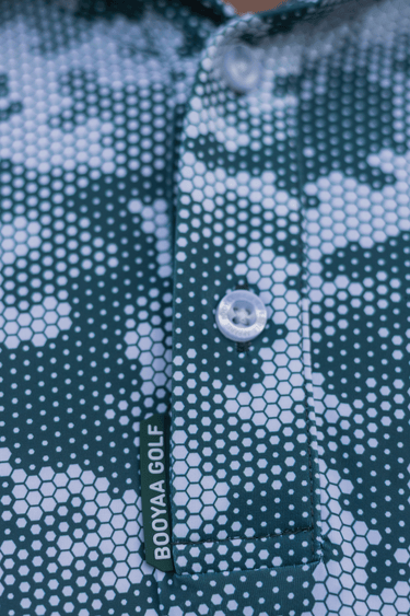 ACRES - PREMIUM LIFESTYLE COLLECTION 2026 - BOOYAA GOLF SHIRT, blue and gray, placket and button close-up