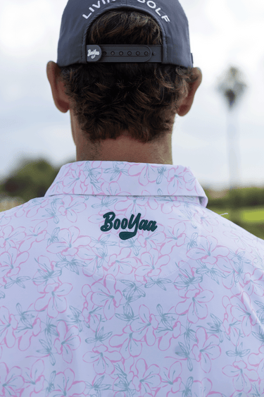 ROSEBAY - PREMIUM LIFESTYLE COLLECTION 2026 - BOOYAA GOLF SHIRT, white, pink and blue, upper back logo close-up