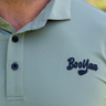 Army Golf Polo, sage green golf shirt with fine stripes, on-model front detail