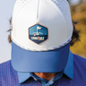 Coast Golf Hat, white and blue golf hat with multicolor rope trim, on-model front view