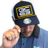 GC63 Golf Hat, navy, white and yellow golf hat, on-model front view