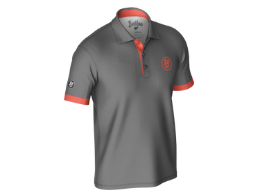 BooYaa Golfer - Grey Shine, gray golf shirt with coral trim, angled front product view