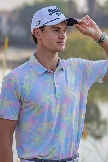 Lulu Golf Polo, multicolor iridescent palm print golf shirt, on-model full front view