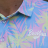 Lulu Golf Polo, multicolor iridescent palm print golf shirt, on-model front detail