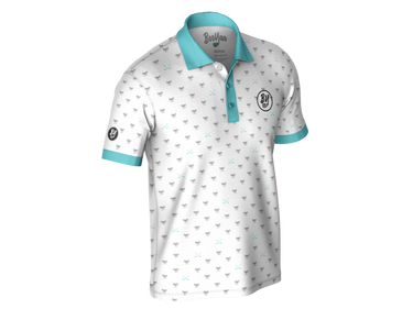 BooYaa Golfer - Palm Lakes, white and aqua golf shirt, angled front product view