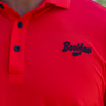 Tiger Red Golf Polo, red golf shirt with fine navy stripes, on-model front detail