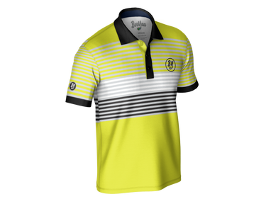 BooYaa Golfer - Yellow Stone, yellow, white and navy golf shirt, angled front product view