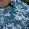 Acres Golf Polo, green, gray and white printed golf shirt, on-model front detail