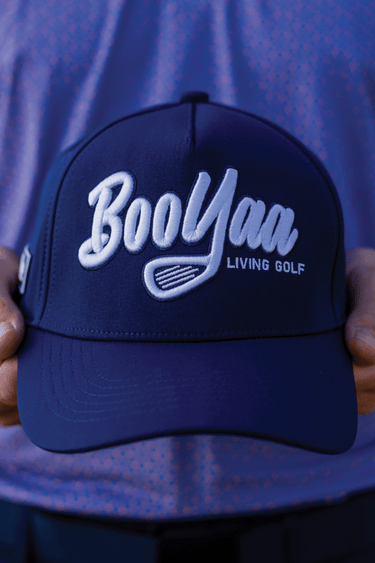 Navy Classic golf hat front with white raised BooYaa logo