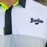Lambo Golf Polo, white, gray and black color-blocked golf shirt, on-model front detail